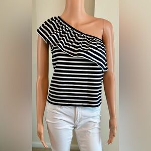 J. Crew One Shoulder Navy Striped Ruffle Blouse NWOT Size XS